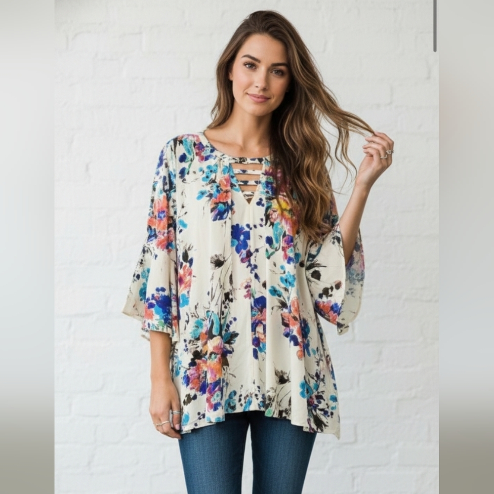Grace & Lace Blouse Boho Floral Peasant White Blue Festival Casual S